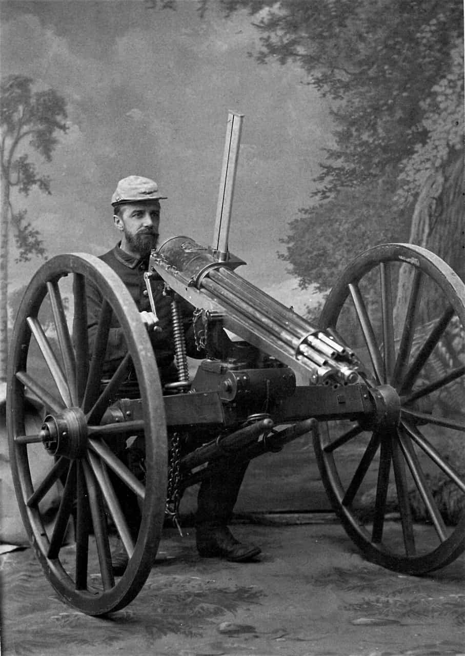 1885-Captain-Gat-Howard-with-a-Gatling-Machine-Gun-used-during-Batoche
